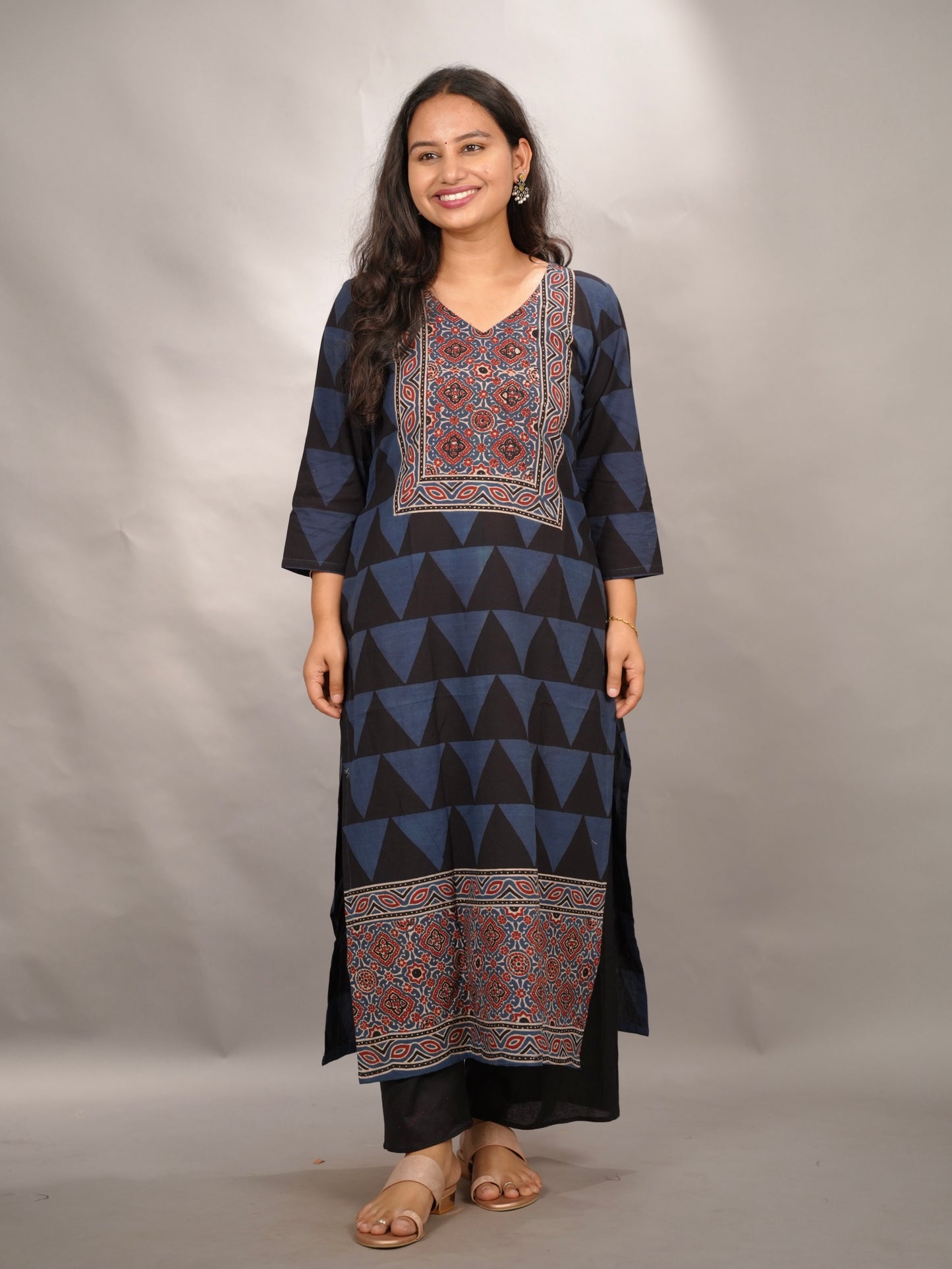 Black & Indigo Ajrakh Pattern Hand Block printed Kurti | Looms & Tassels