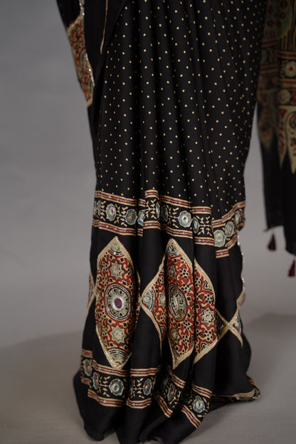 Black Ajrakh Modal Silk Hand Embroidery Saree  | Looms & Tassels