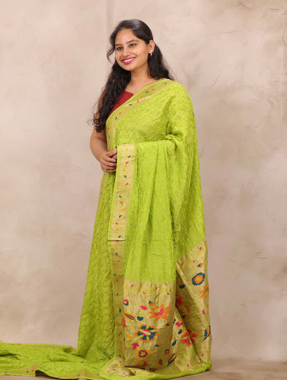 Lemon Green Handcrafted Bandhani Paithani Dola Silk Saree | Looms & Tassels