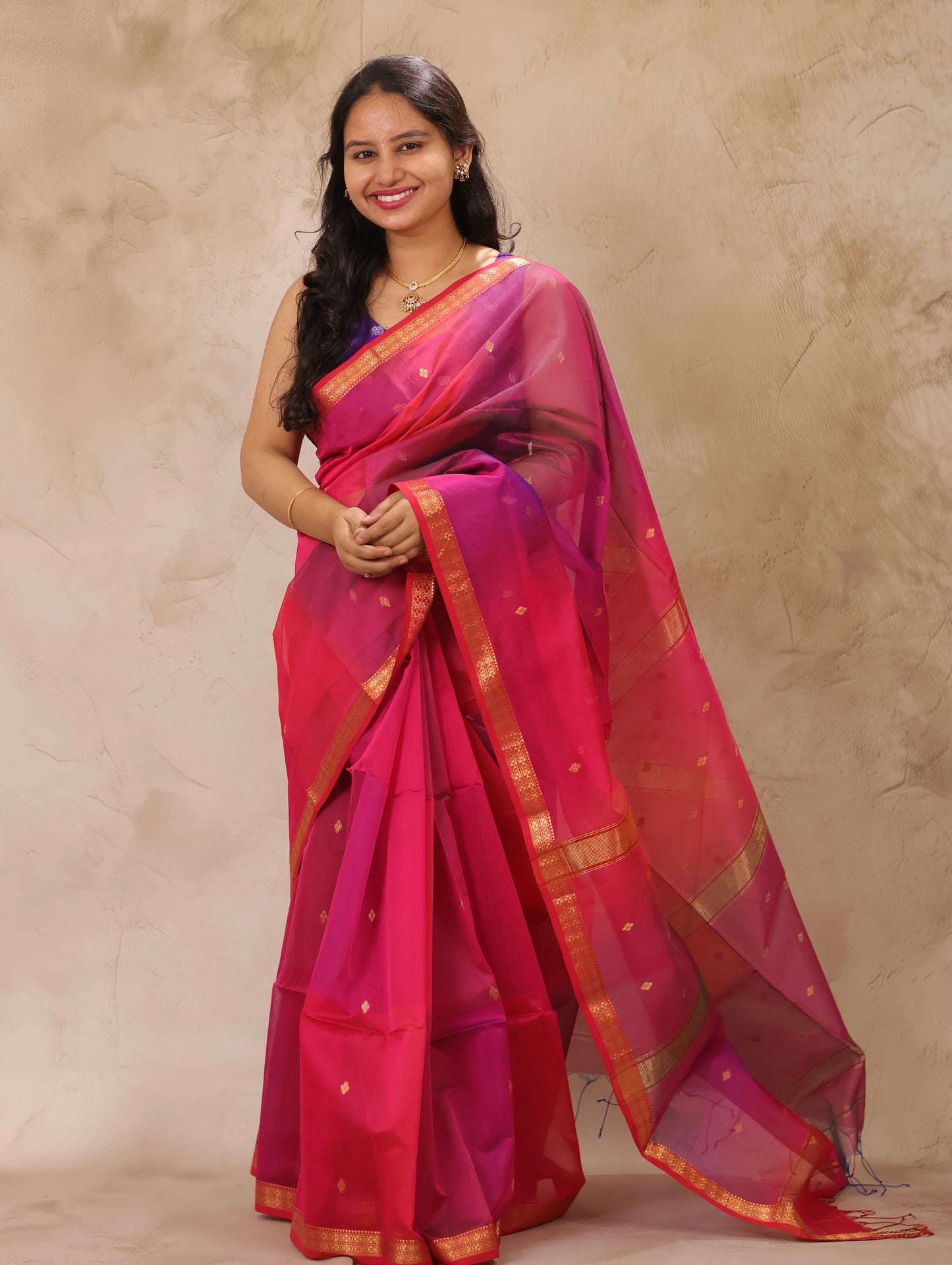 Pink Dual Tone Handloom Maheswari Silk Cotton Sarees | Looms & Tassels