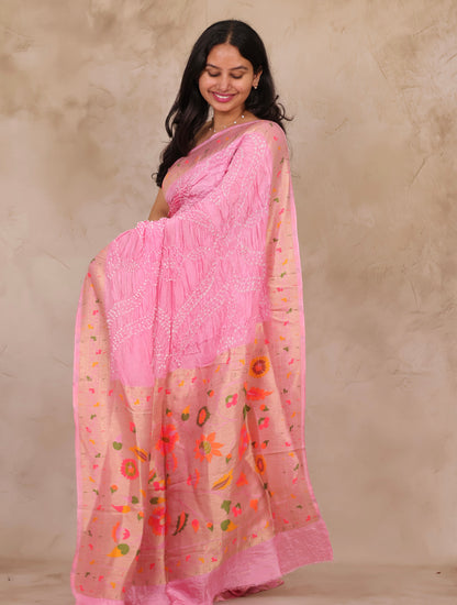 Baby Pink Handcrafted Pattern Bandhani Paithani Dola Silk Saree | Looms & Tassels