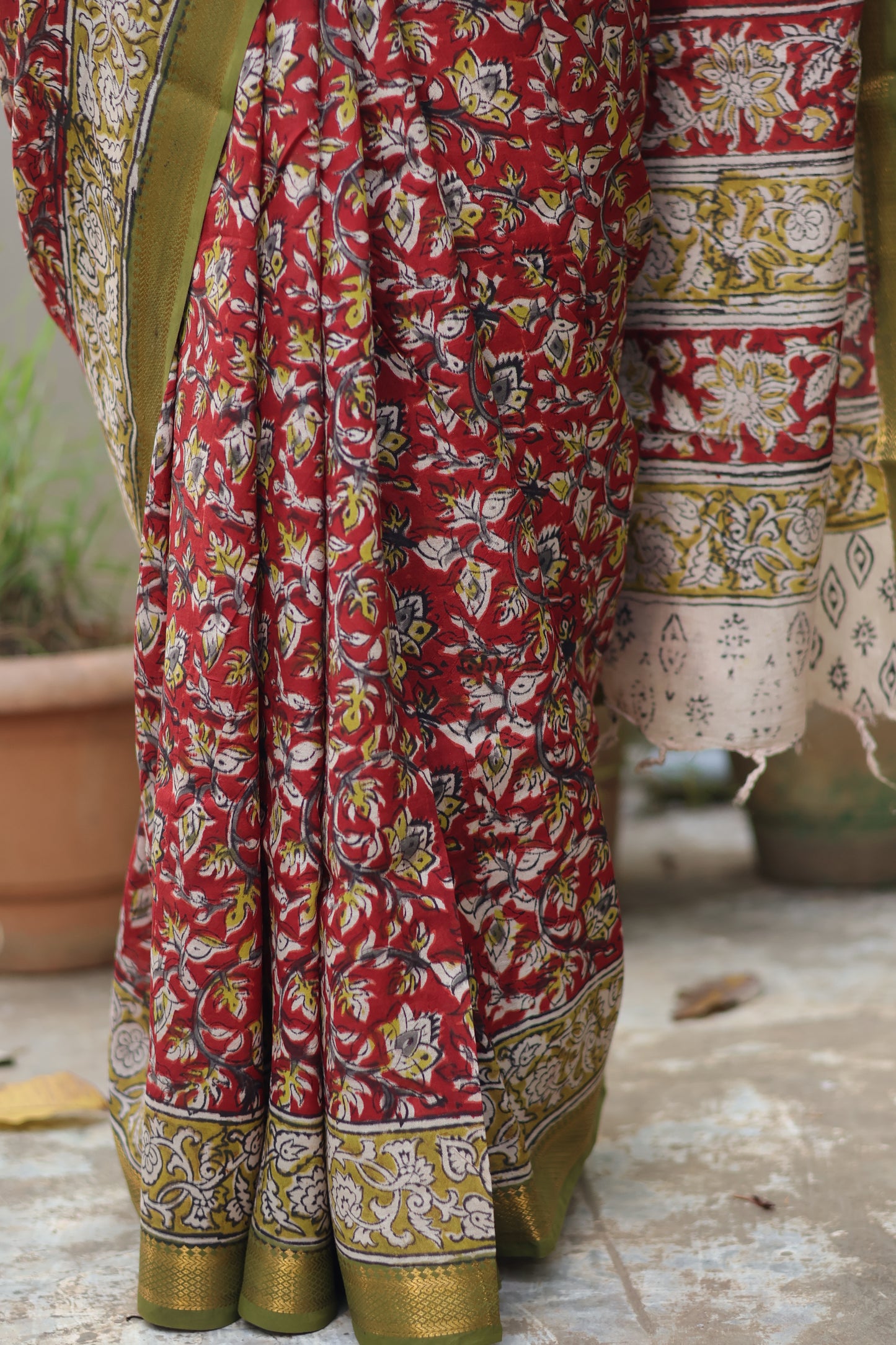 Red Hand Block Printed Kalamkari Nizam Border Silk Sare