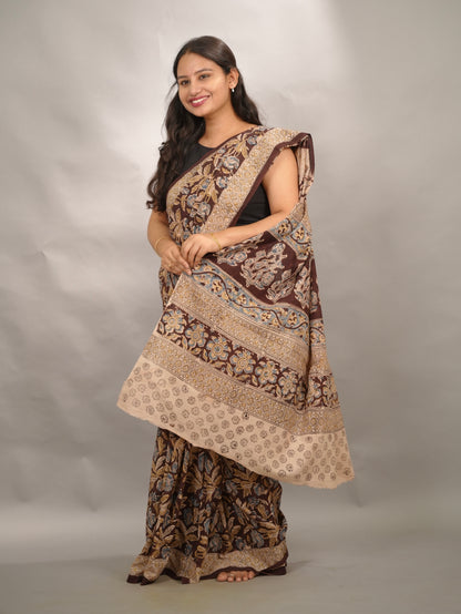 Maroon Hand Block Printed Kalamkari Cotton Saree | Looms & Tassels