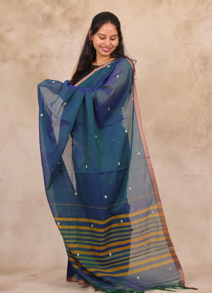 Peacock Blue Narayanpet Cotton Saree With Butta Weaving | Looms & Tassels
