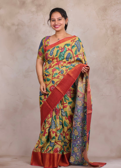 Hand Drawn Pen Kalamkari Light Yellow And Red Bangalore Silk Kanchi Border Saree | Looms & Tassels