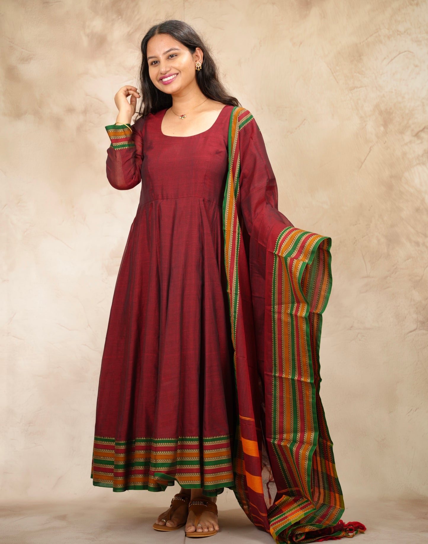 Maroon Narayanpet Cotton Anarkali Dress with Narayanpet Dupatta | Looms & Tassels