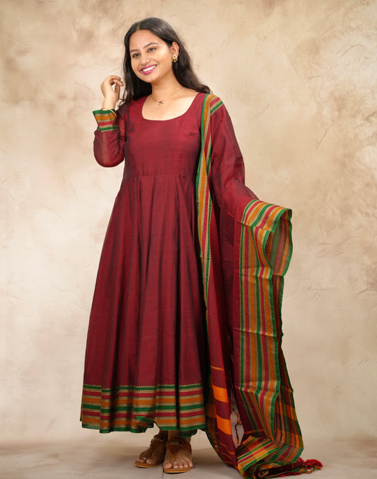 Maroon Narayanpet Cotton Anarkali Dress with Narayanpet Dupatta | Looms & Tassels
