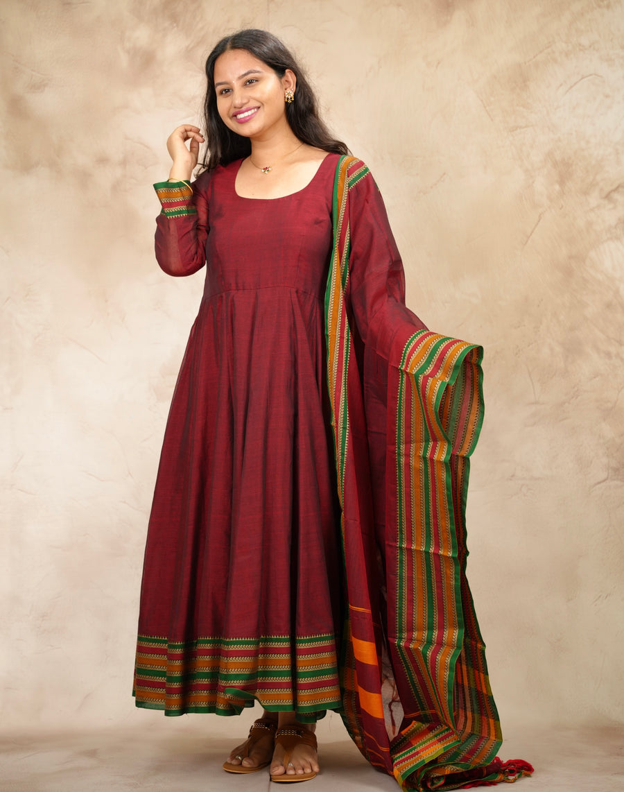 Maroon Narayanpet Cotton Anarkali Dress with Narayanpet Dupatta | Looms & Tassels