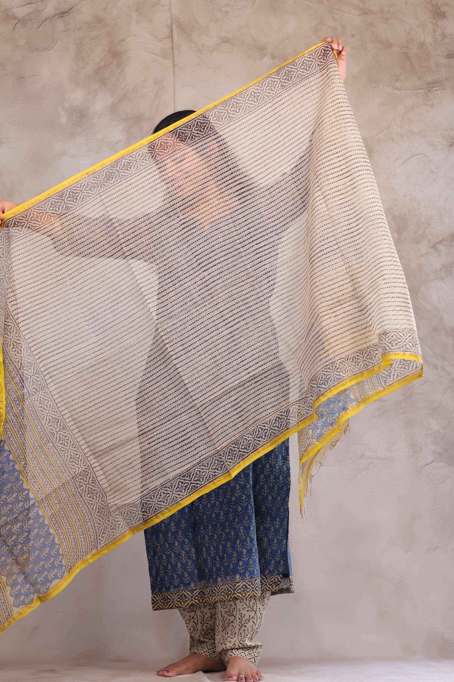 Blue Handblock printed kota 3 piece suit (stitched)