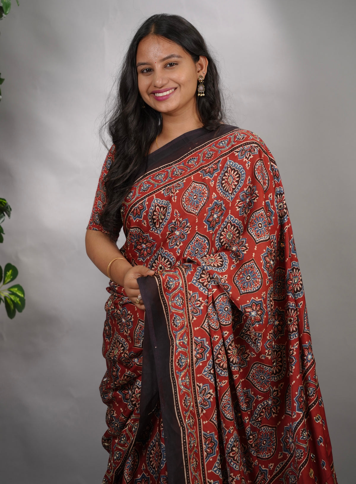 Maroon Ajrakh Modal Silk Hand Embroidery Saree  | Looms & Tassels