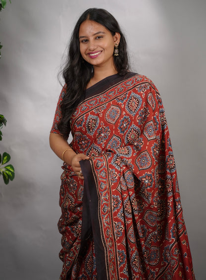 Maroon Ajrakh Modal Silk Hand Embroidery Saree  | Looms & Tassels