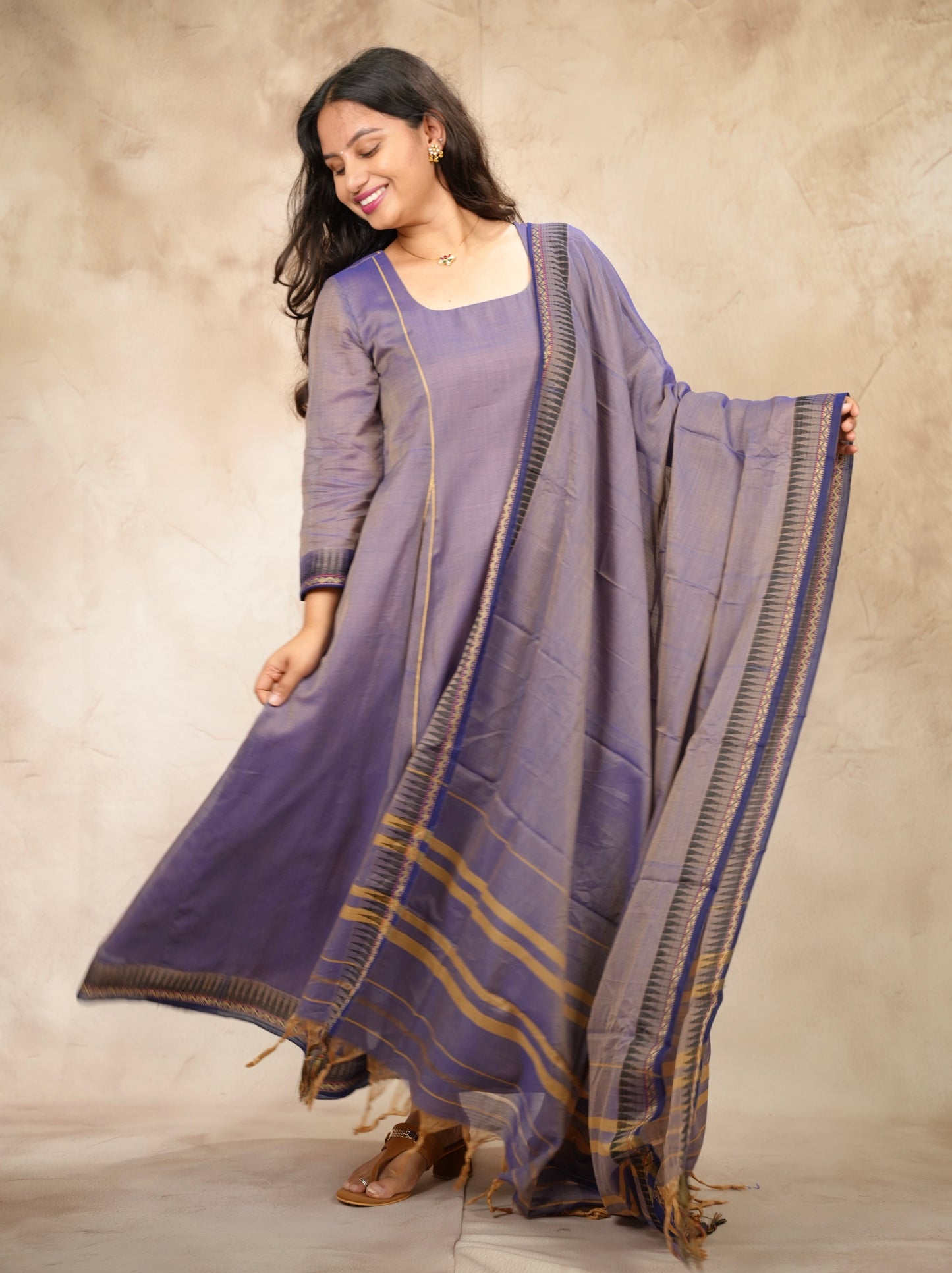 Lavender Narayanpet Cotton Anarkali Dress with Narayanpet Dupatta | Looms & Tassels