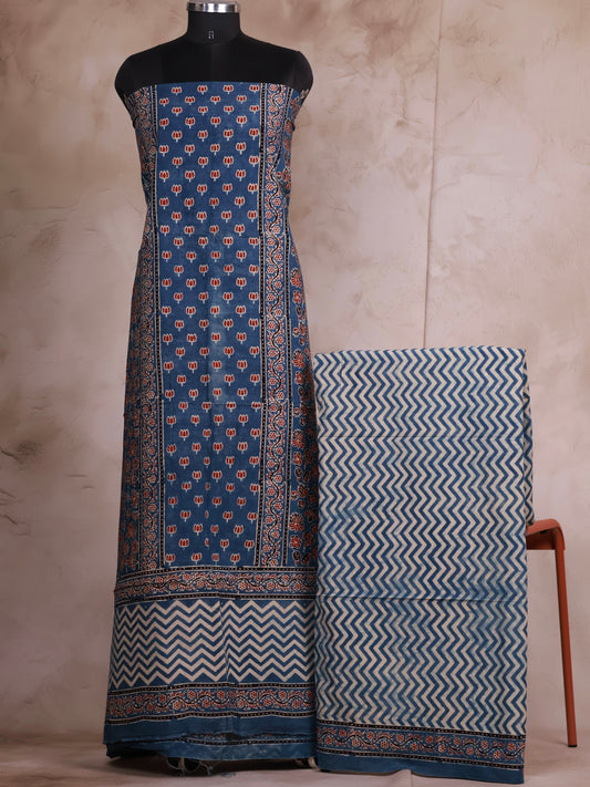 Indigo Ajrakh Handblock Printed Pure Cotton 2 Piece Suit Set | Looms & Tassels