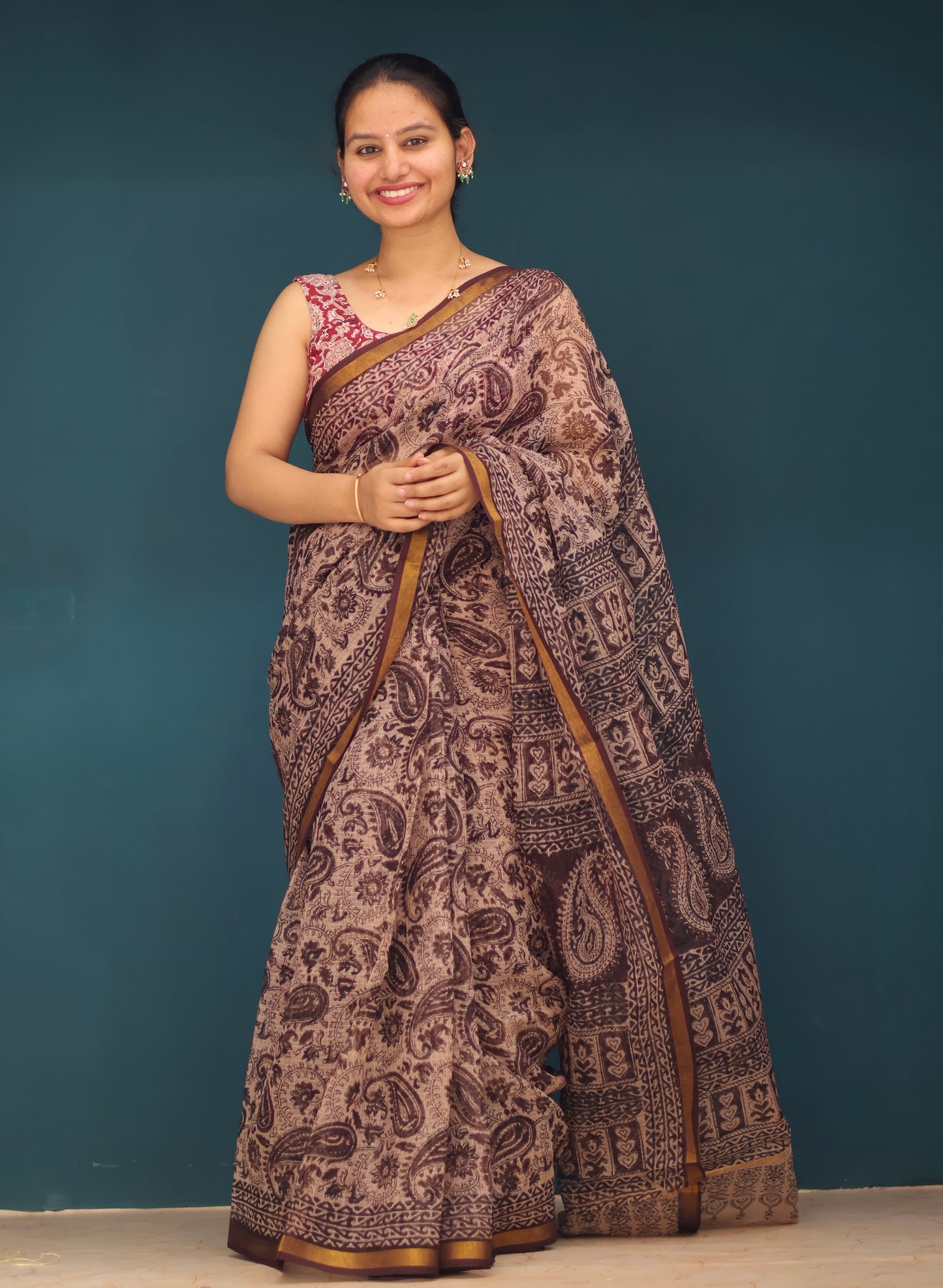 Cream Kalamkari Hand block printed Kota Doria Saree
