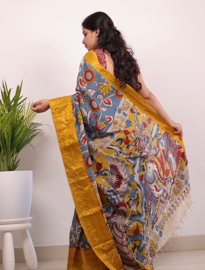 Sky Blue Kanchi border Kalamkari chennur silk saree
