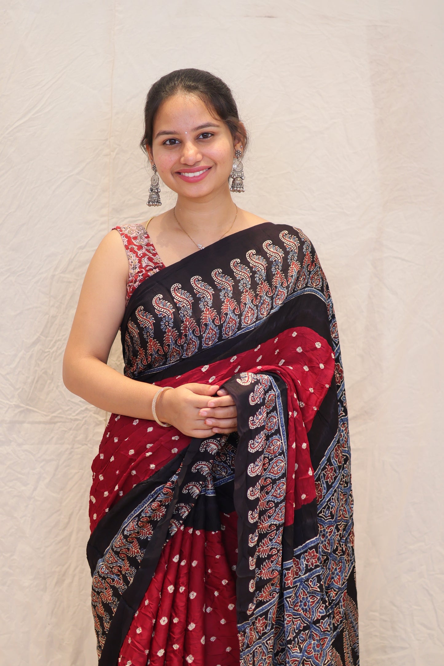 Maroon Ajrakh Bandhej Modal Silk Saree