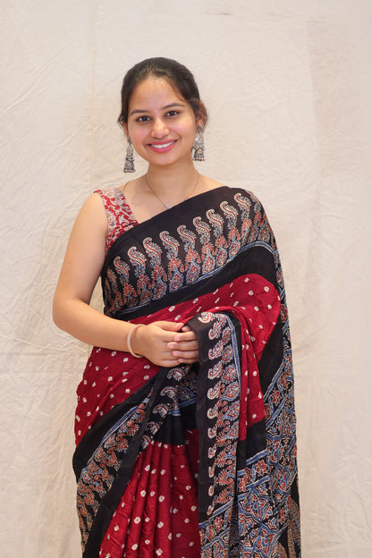 Maroon Ajrakh Bandhej Modal Silk Saree