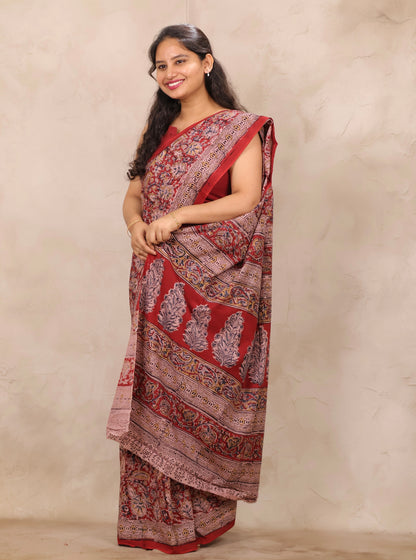 Red Hand Block Printed Kalamkari Cotton Saree | Looms & Tassels