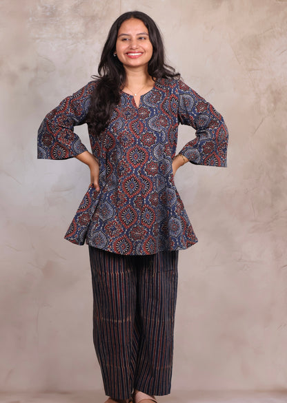 Indigo Ajrakh Handblock Printed Co-ord Set (Pure Cotton ) | Looms & Tassels