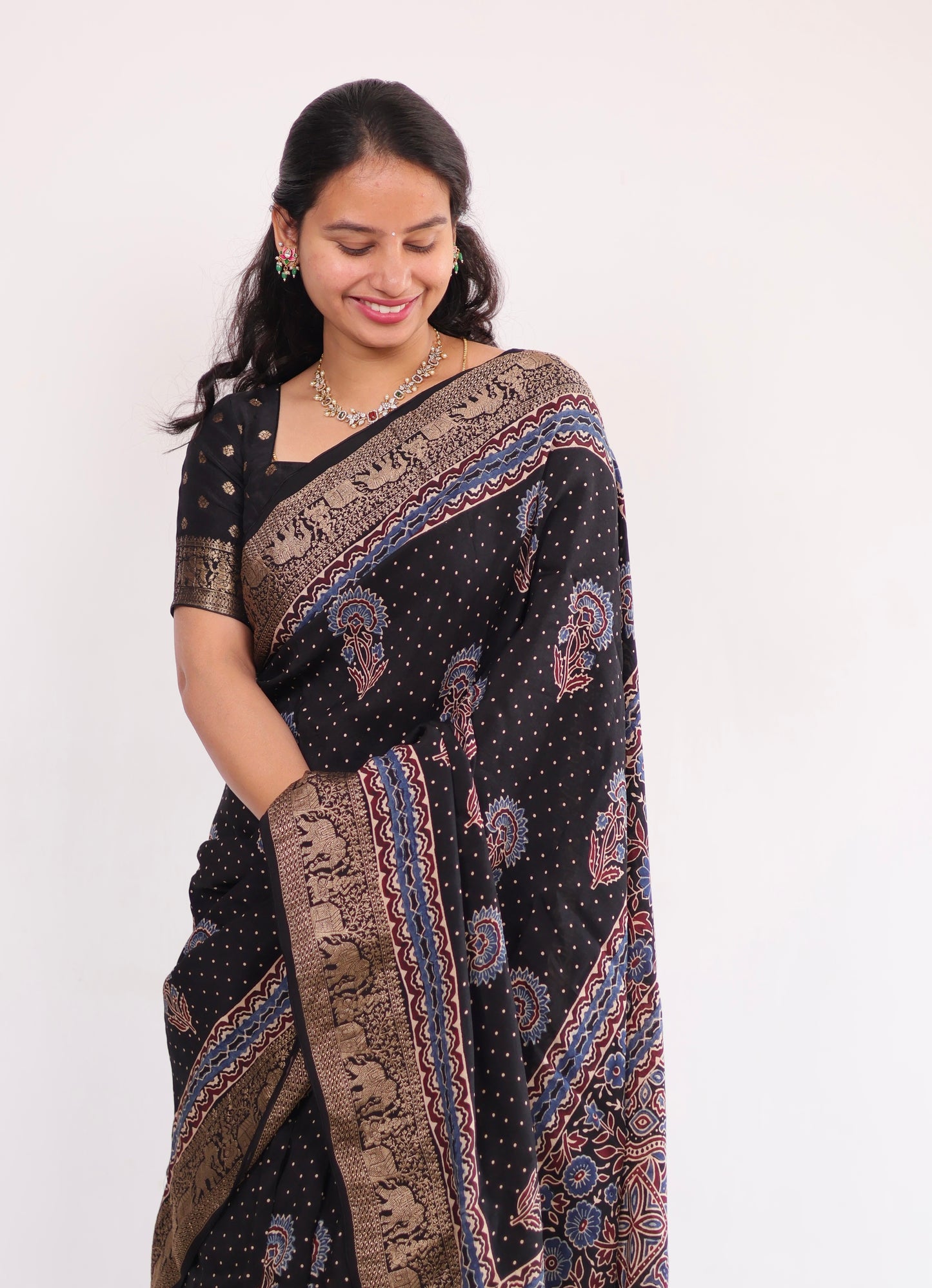 Black Ajrakh Dola Silk Saree