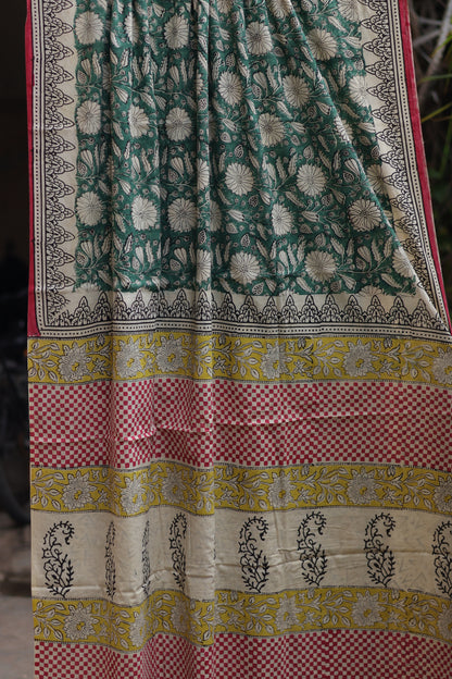 Green Bagru Handblock printed MulMul cotton saree