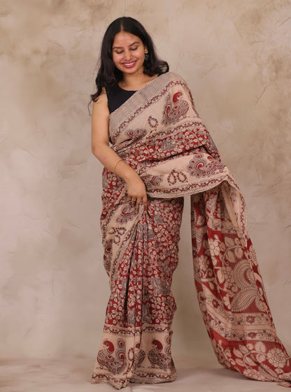 Cream Kalamkari Cotton Saree