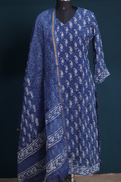 Indigo Handblock printed kota 3 piece suit (stitched)