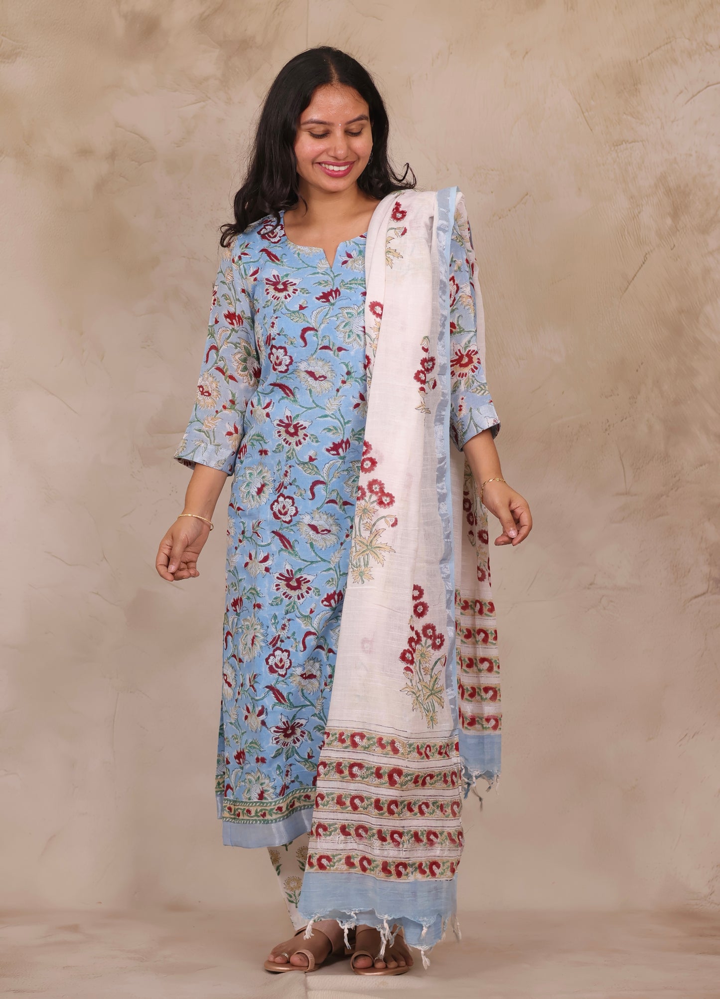 Sky Blue Linen Cotton Handblock printed 3 piece suit (stitched)