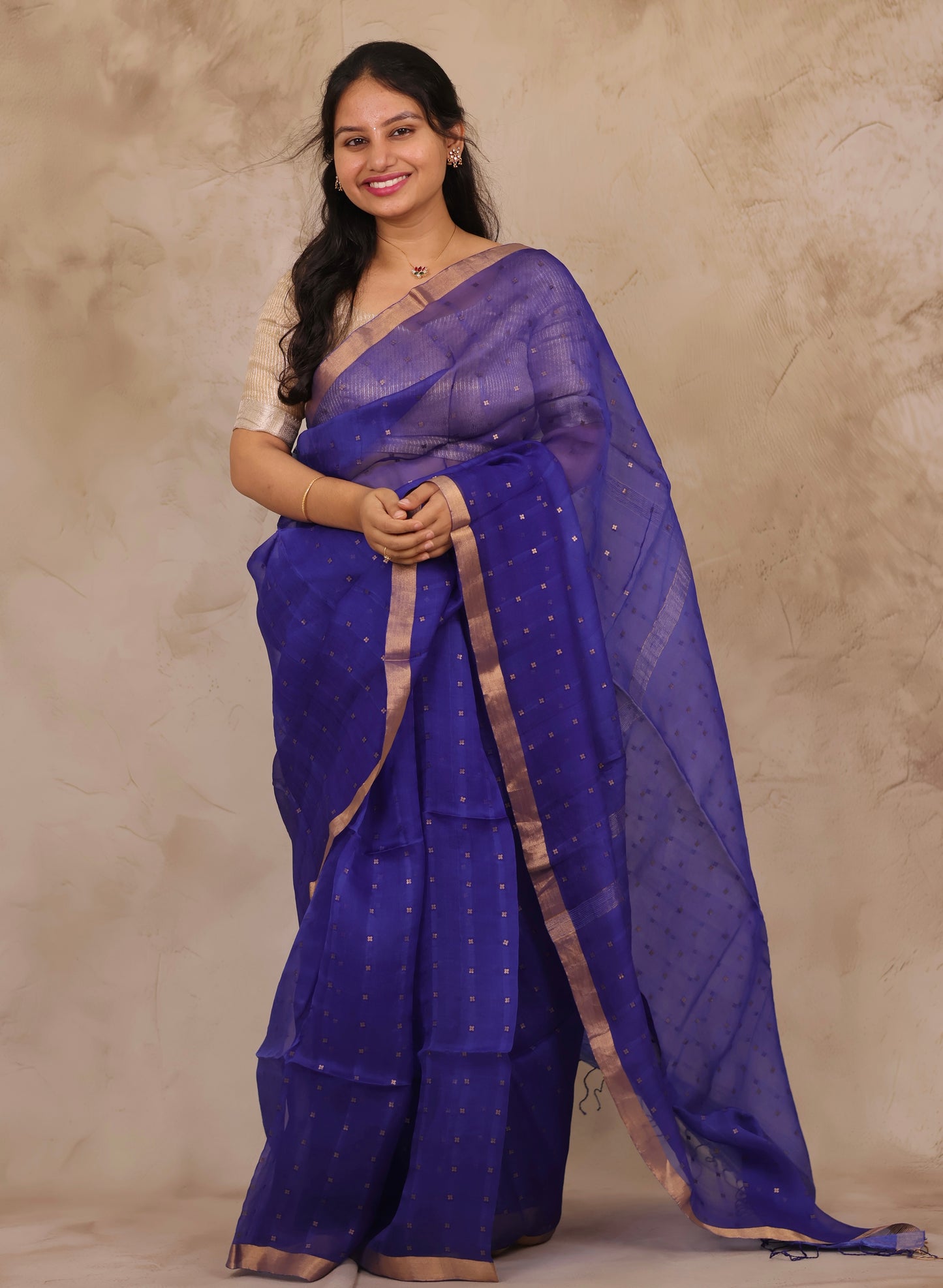 Blue Handwoven Muslin Silk Saree With Sequence Work | Looms & Tassels