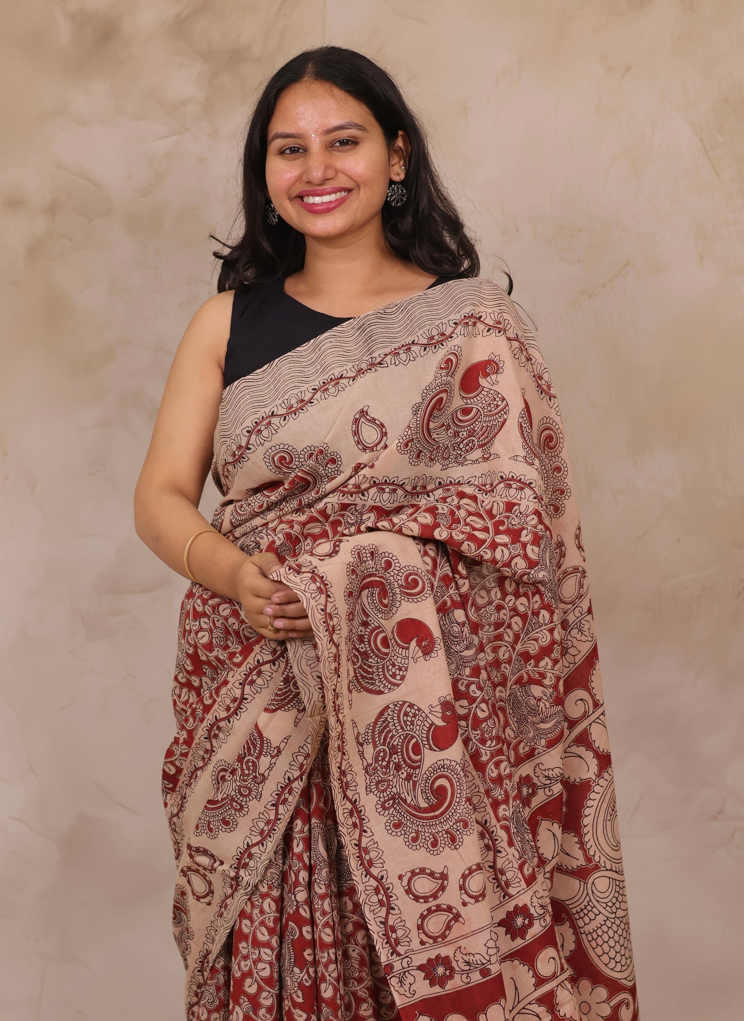 Cream Kalamkari Cotton Saree
