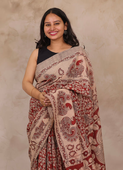Cream Kalamkari Cotton Saree