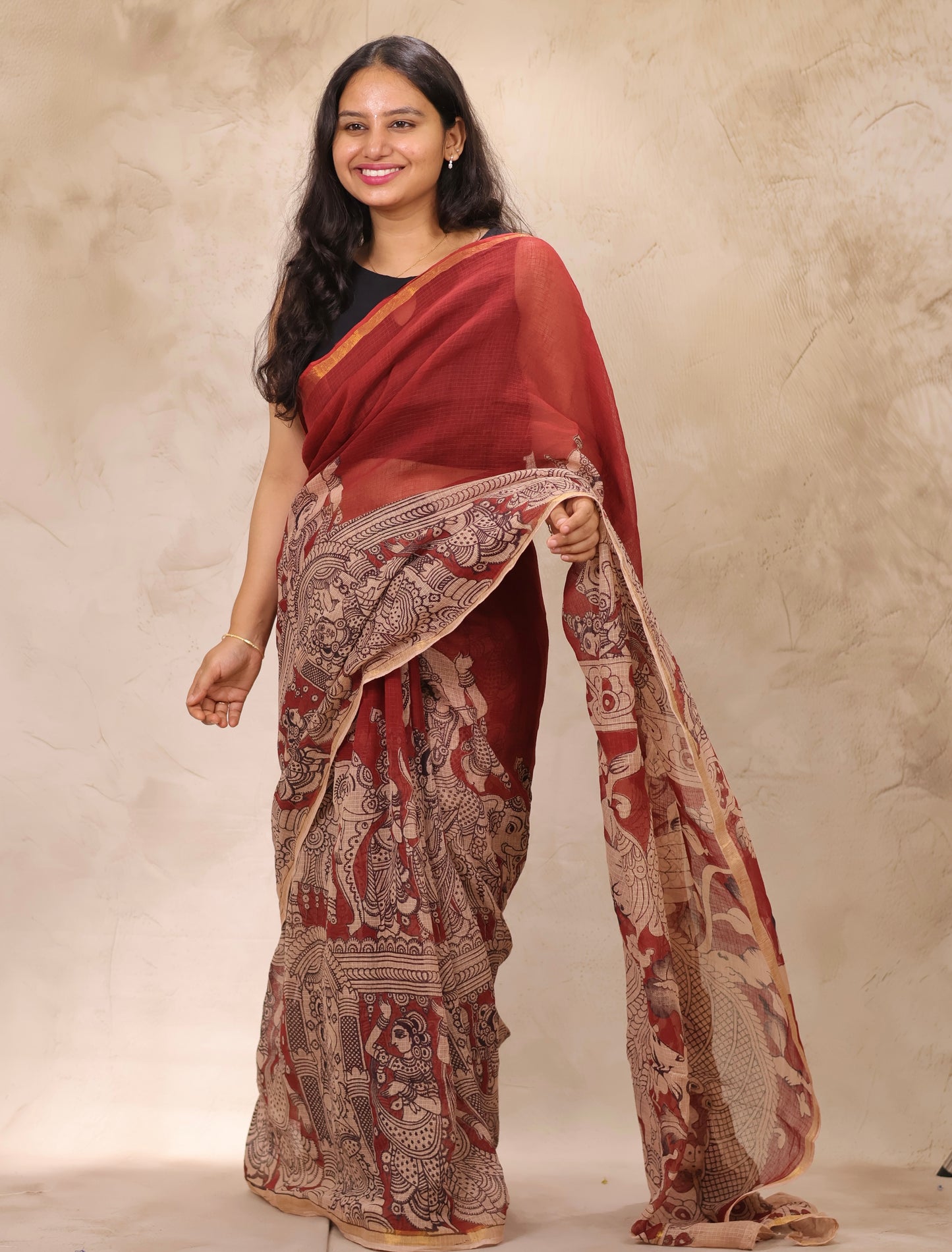 Maroon Kota Doria Saree with Kalamkari Handblock Prints | Looms & Tassels
