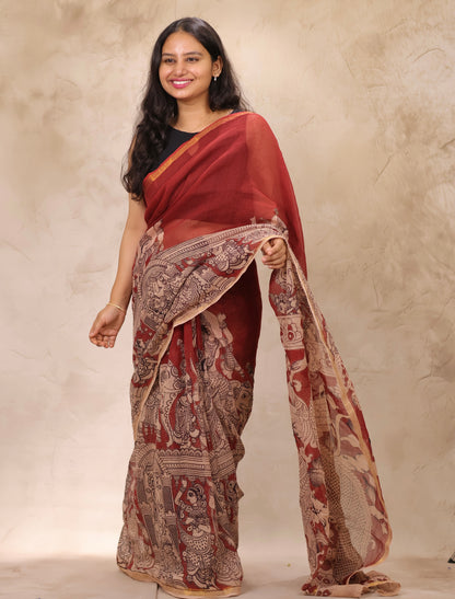Maroon Kota Doria Saree with Kalamkari Handblock Prints | Looms & Tassels
