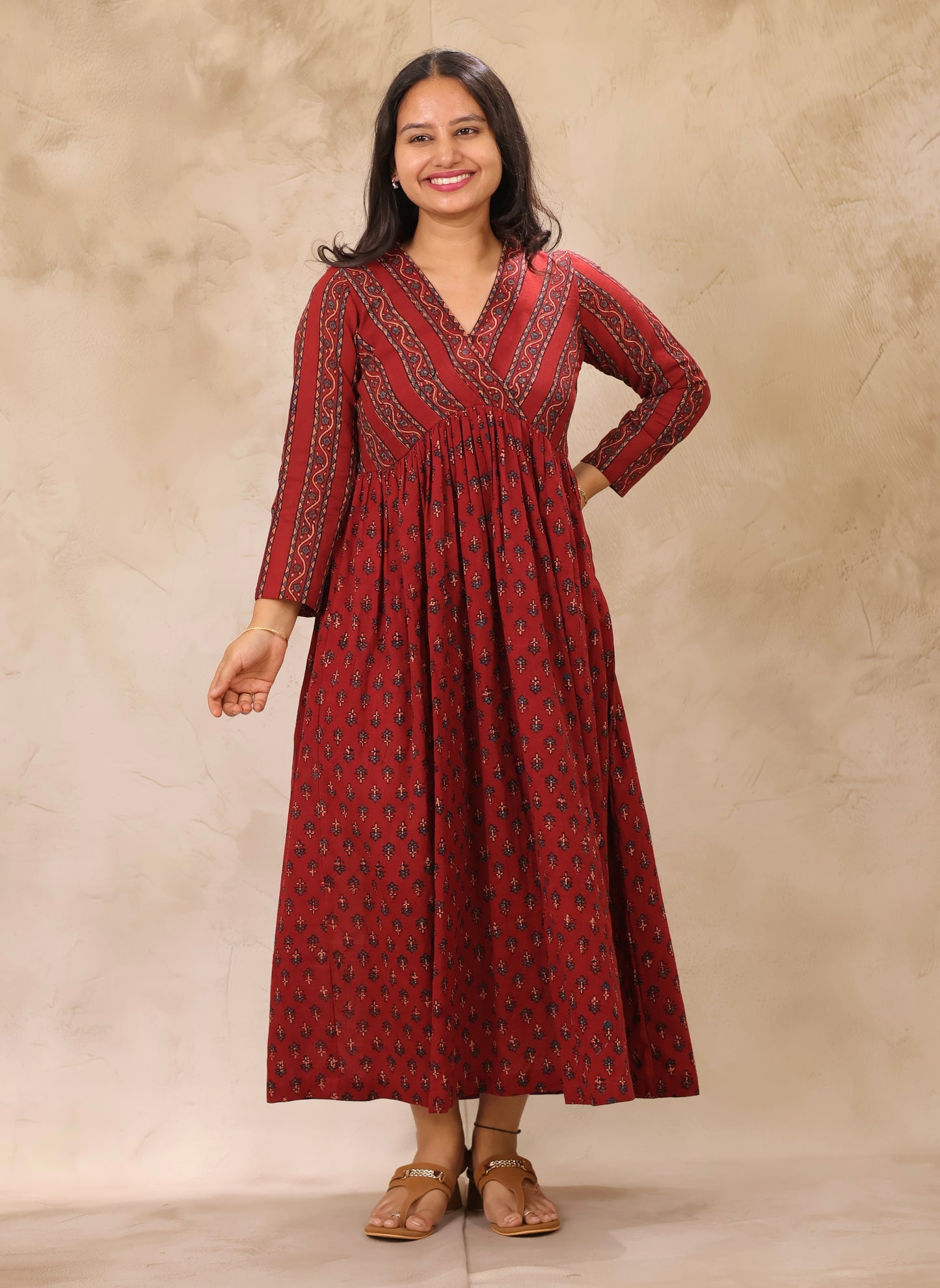 Maroon Ajrakh Hand Block Printed Pure Mul Cotton Aline Kurta | Looms & Tassels