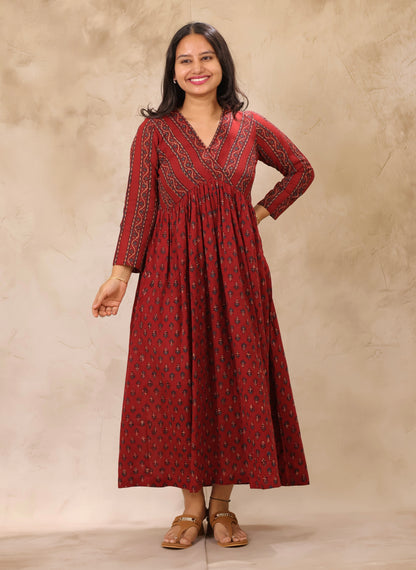 Maroon Ajrakh Hand Block Printed Pure Mul Cotton Aline Kurta | Looms & Tassels