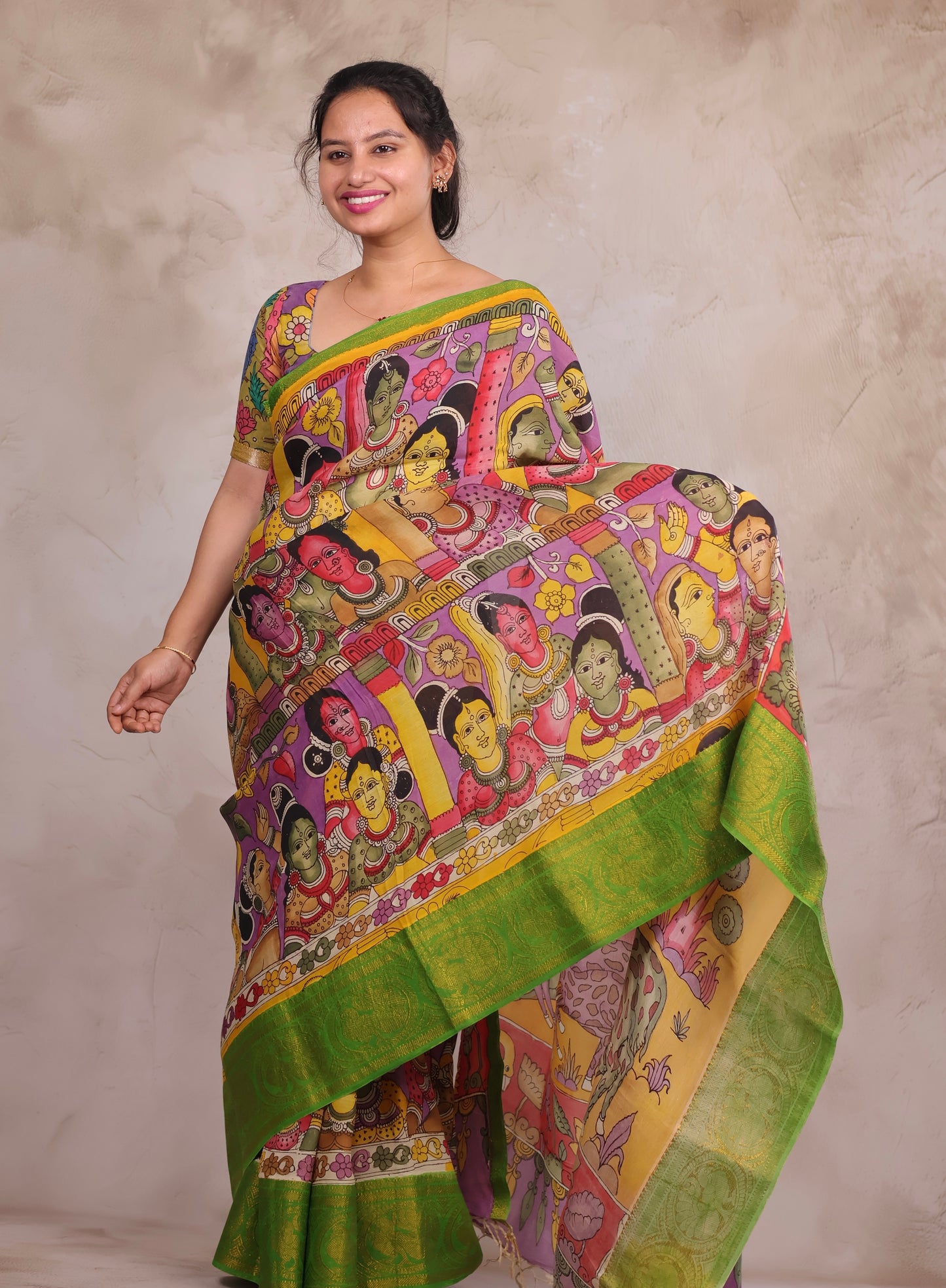 Hand Drawn Pen Kalamkari Lavender And Green Bangalore Silk Kanchi Border Saree | Looms & Tassels