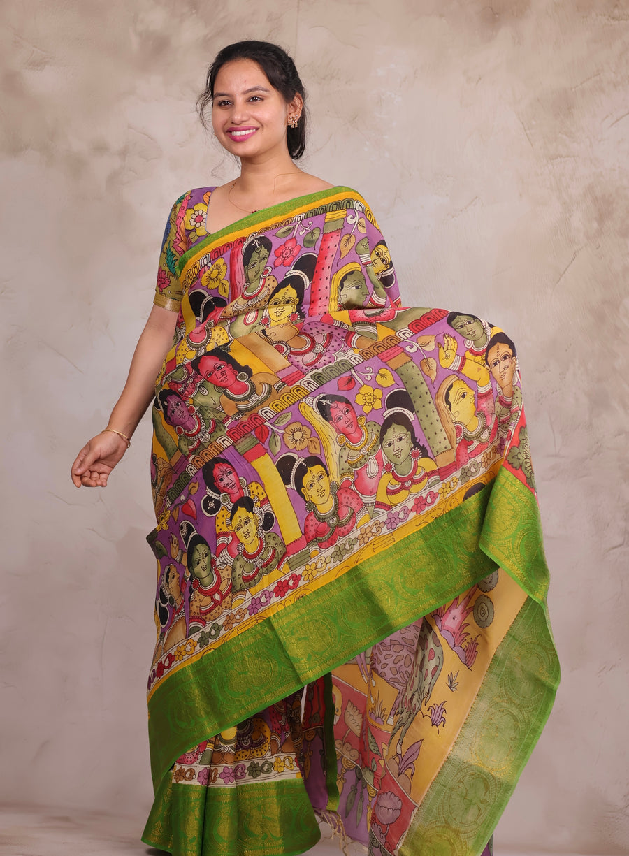 Hand Drawn Pen Kalamkari Lavender And Green Bangalore Silk Kanchi Border Saree | Looms & Tassels
