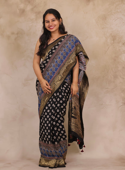 Black Ajrakh Handblock printed Dola Silk Saree | Looms & Tassels
