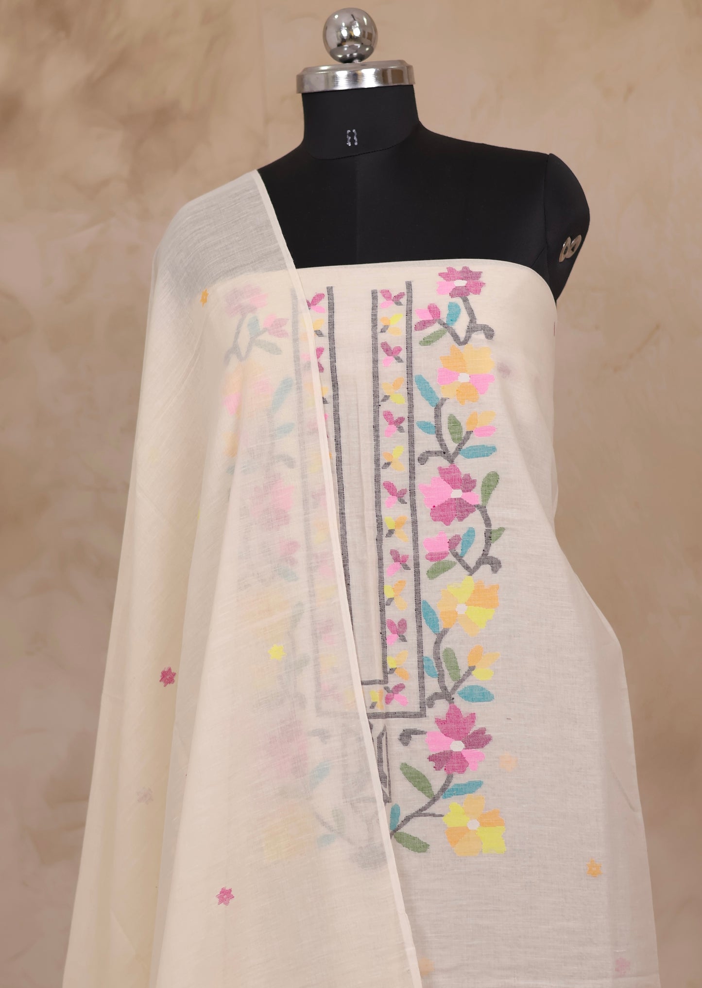 Off White Handwoven Jamdhani weaving pure Malai cotton 2 piece suit sets | Looms & Tassels