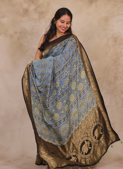 Sky Blue Ajrakh Handblock printed Dola Silk Saree | Looms & Tassels