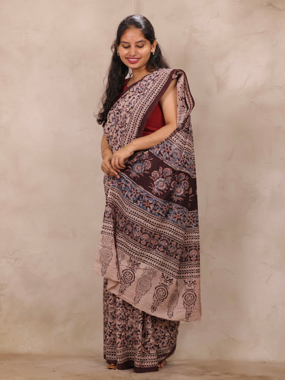 Brown Hand Block Printed Kalamkari Cotton Saree | Looms & Tassels