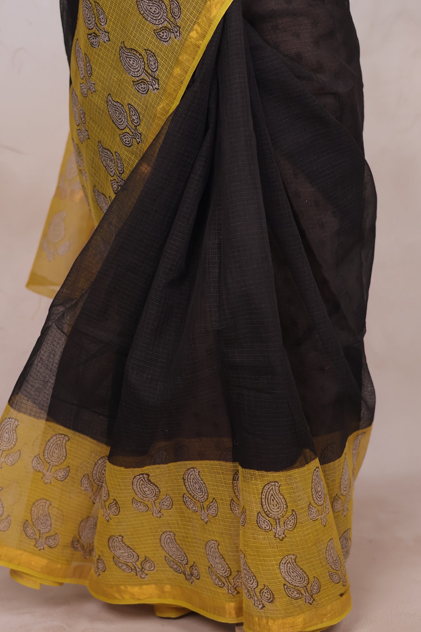 Black & Yellow Pure Kota Doria Saree with Bagru Handblock Prints | Looms & Tassels