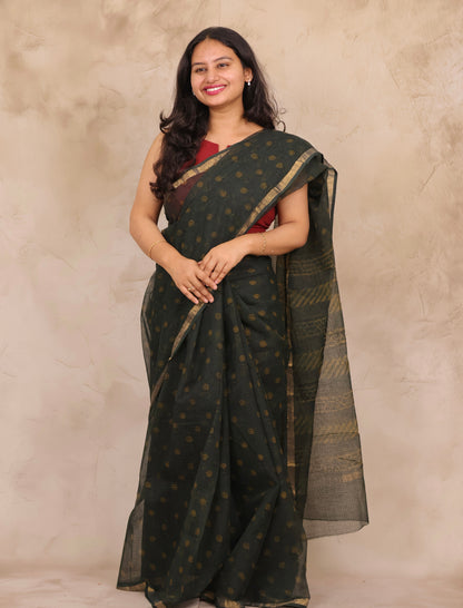 Green Pure Kota Doria Saree with Bagru Handblock Prints | Looms & Tassels