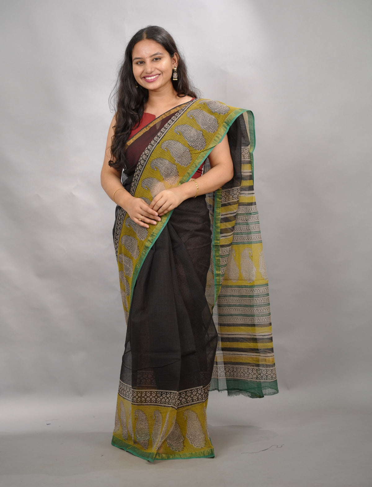 Black & Yellow Pure Kota Doria Saree with Bagru Handblock Prints | Looms & Tassels