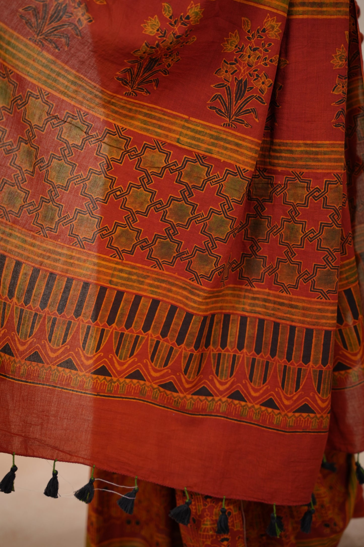 Ajrakh Hand Block Printed Cotton Saree | Looms & Tassels