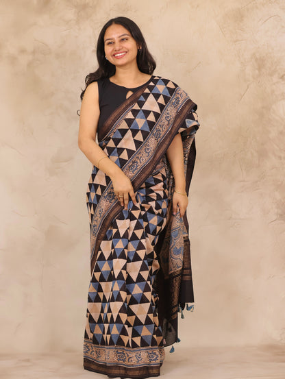 Maheswari Silk Cotton Ajrakh Handblock Printed Saree | Looms & Tassels