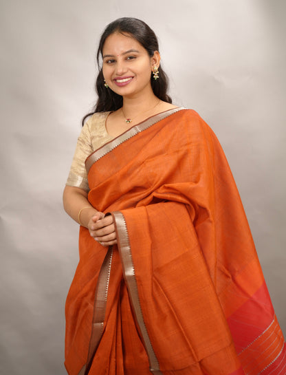 Rust Handloom Mangalagiri Silk Saree| Looms & Tassels