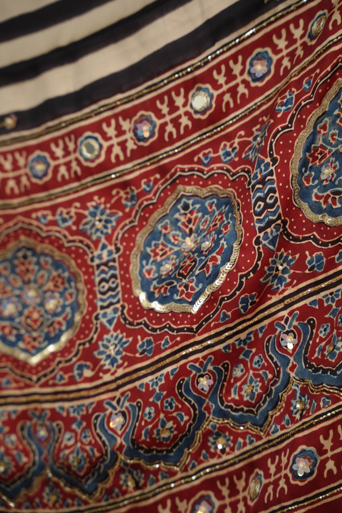 Cream Ajrakh Modal Silk Hand Embroidery Saree | Looms & Tassels