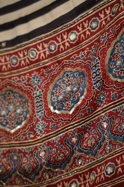 Cream Ajrakh Modal Silk Hand Embroidery Saree | Looms & Tassels