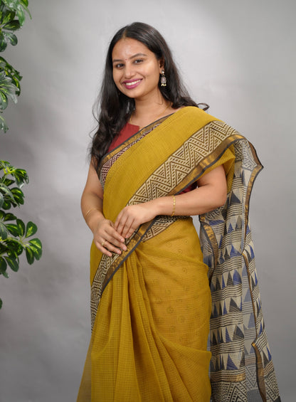 Mustard Pure Kota Doria Saree with Bagru Handblock Prints